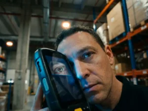 Security guard's eye reflected in biometric scanner screen with blue verification light in modern warehouse facility