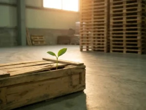 Green seedling sprouting from a cracked shipping crate on a warehouse floor