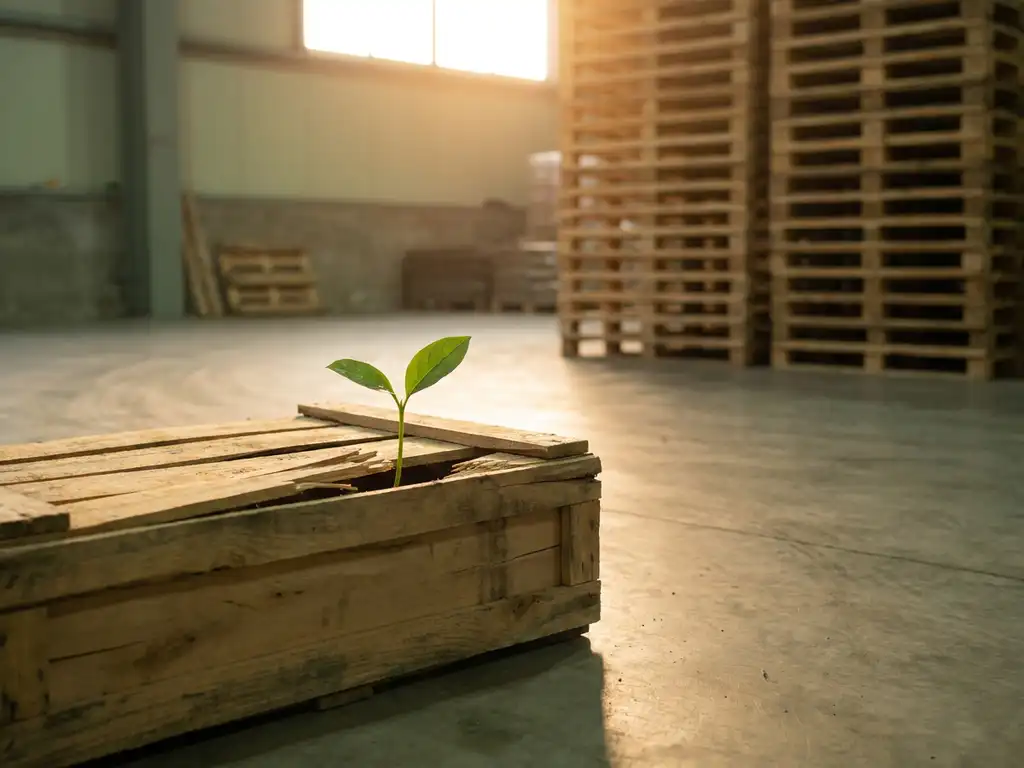Green seedling sprouting from a cracked shipping crate on a warehouse floor