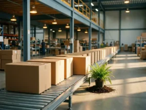 Cardboard shipping boxes on a warehouse conveyor belt