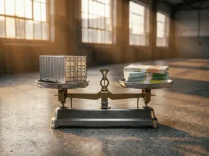 Mechanical scale balancing a stainless steel shipping container against a stack of euro banknotes on a warehouse floor.