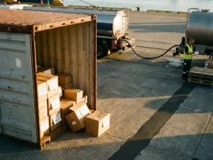 Open shipping container with spilled cardboard boxes on busy port dock