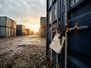 Steel chain securing a shipping container lock in a vast container yard