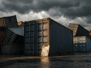 Weathered shipping container yard under stormy skies