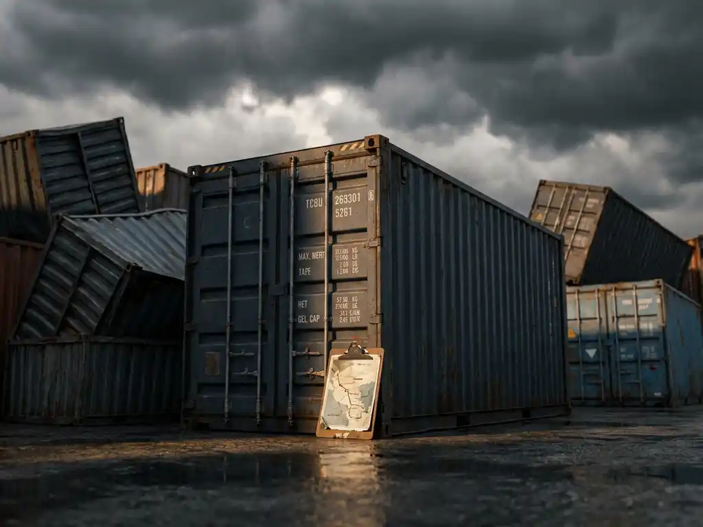 Weathered shipping container yard under stormy skies