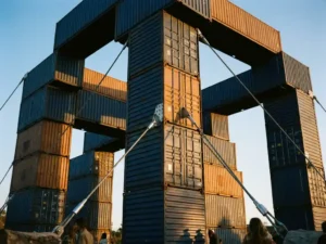 Interconnected metal shipping containers stacked in geometric patterns with steel cables forming web-like structure against blue sky