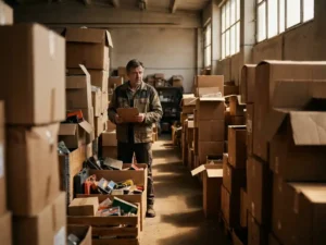 Small business owner holding clipboard stands among towering cardboard boxes in cramped warehouse with natural lighting streaming through windows.