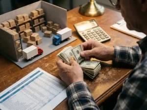 Small business owner counting cash beside miniature warehouse with shipping boxes
