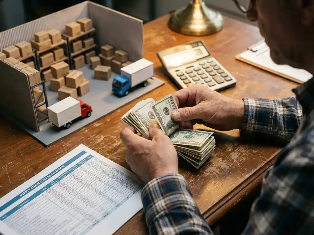 Small business owner counting cash beside miniature warehouse with shipping boxes