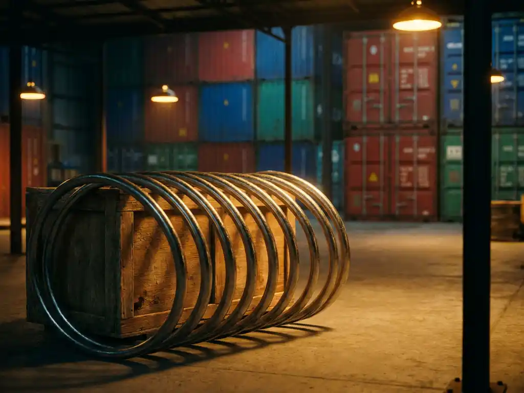Steel spring coiled around wooden shipping crate with colorful cargo containers in warehouse under golden lighting