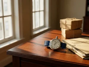 Stopwatch with frozen second hand on mahogany desk beside procurement documents and delivery boxes in golden office light
