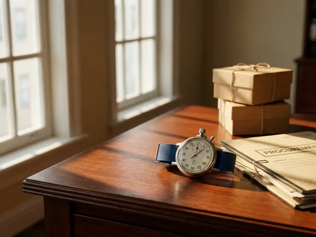 Stopwatch with frozen second hand on mahogany desk beside procurement documents and delivery boxes in golden office light