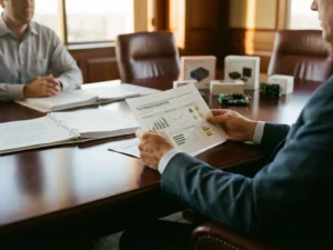 Business executive reviewing supplier performance scorecard during meeting with evaluation documents on conference table
