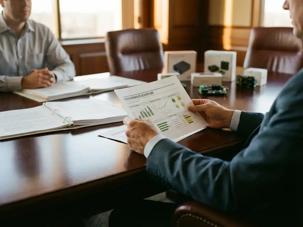 Business executive reviewing supplier performance scorecard during meeting with evaluation documents on conference table