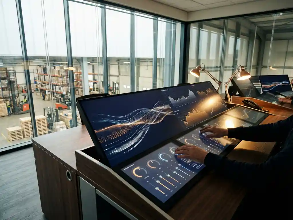 Supply chain analyst adjusting digital controls on curved monitors displaying real-time data streams in modern control room with warehouse visible through glass walls