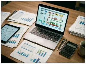 Professional analyst's desk with laptop displaying colorful supply chain flowcharts