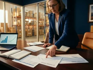 Senior supply chain analyst reviewing demand forecasting spreadsheets and charts on mahogany conference table with warehouse visible through windows