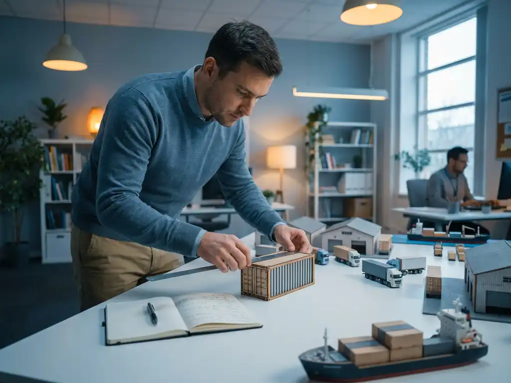 Supply chain analyst measuring a miniature logistics network of shipping containers
