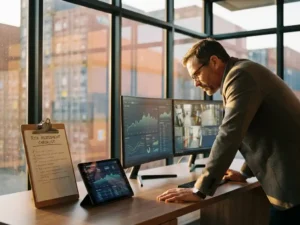 Professional analyst reviewing supply chain data on multiple monitors in modern warehouse control room with shipping containers visible through windows.
