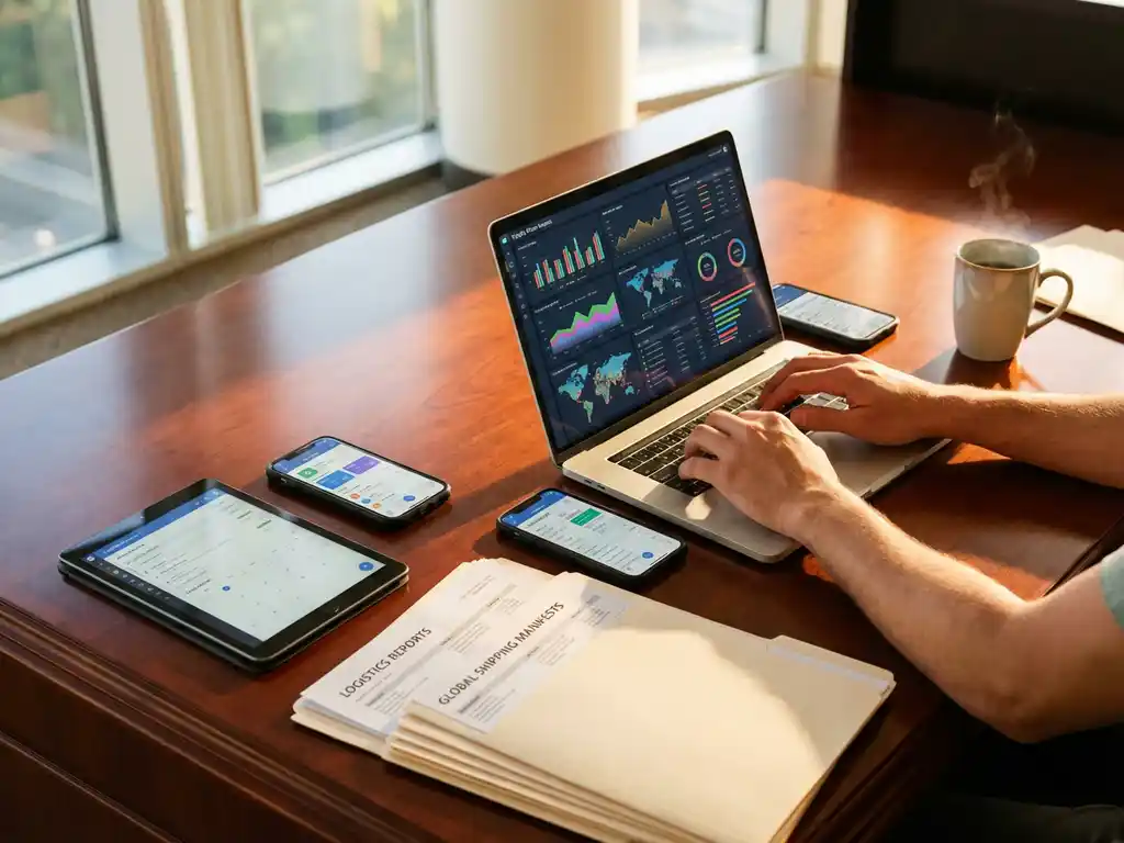Executive at mahogany desk with laptop displaying supply chain analytics