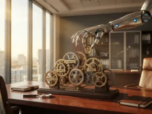 Robotic arm placing final gear into intricate brass clockwork mechanism on mahogany desk in modern office with golden light