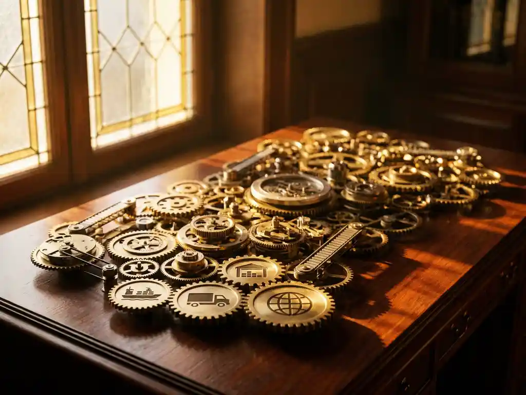 Interlocking brass gears and mechanical components arranged on polished mahogany desk with warm sunlight creating dramatic shadows