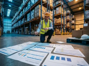 Supply chain consultant reviewing performance charts on a warehouse floor surrounded by towering inventory-stocked metal shelving racks.