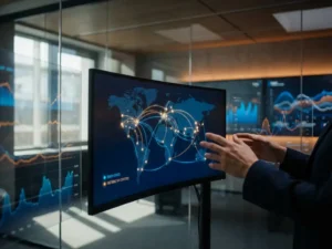 Supply chain analyst adjusting predictive algorithms on monitors displaying glowing interconnected warehouse nodes across world map dashboard