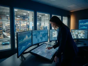 Supply chain analyst adjusting parameters on touchscreen interface in control room with curved monitors displaying logistics data and warehouse operations visible through windows