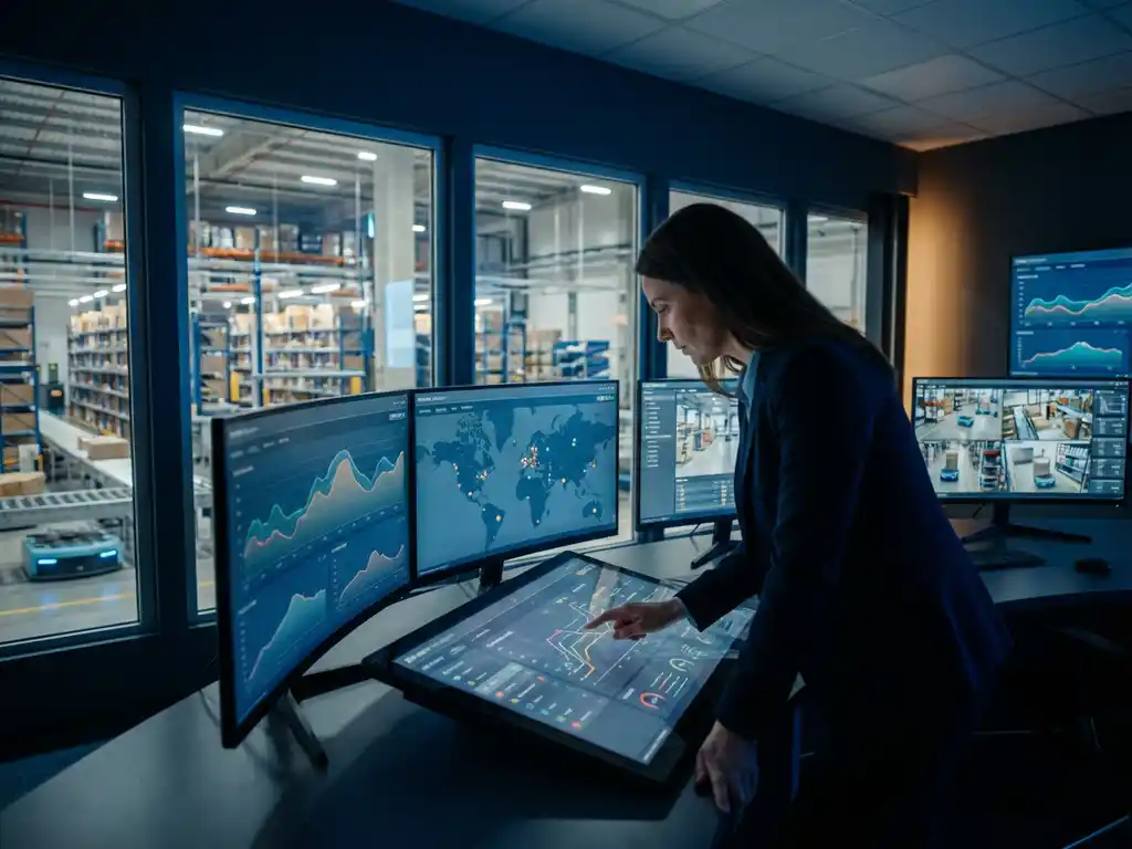 Supply chain analyst adjusting parameters on touchscreen interface in control room with curved monitors displaying logistics data and warehouse operations visible through windows