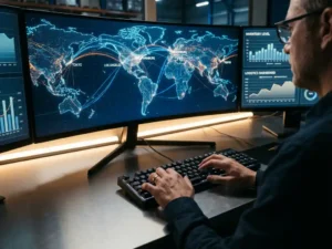 Supply chain manager monitoring global logistics network on curved display screen in modern warehouse control room