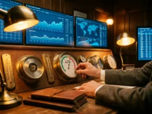 Supply chain analyst adjusting analog gauges and monitoring digital displays showing real-time metrics in control room dashboard