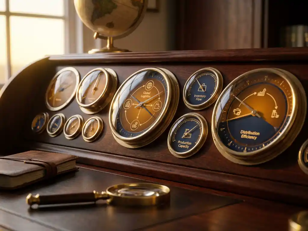 Brass gauges and dials displaying supply chain metrics arranged on mahogany desk with warm golden lighting and shallow depth of field