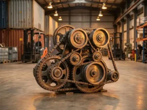 Interlocking metal gears and pulleys connected by chains on warehouse floor with shipping containers in background