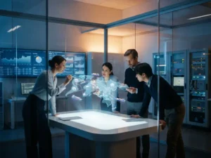 Supply chain professionals analyzing 3D holographic global shipping routes and warehouse networks in modern glass laboratory with data screens and testing equipment