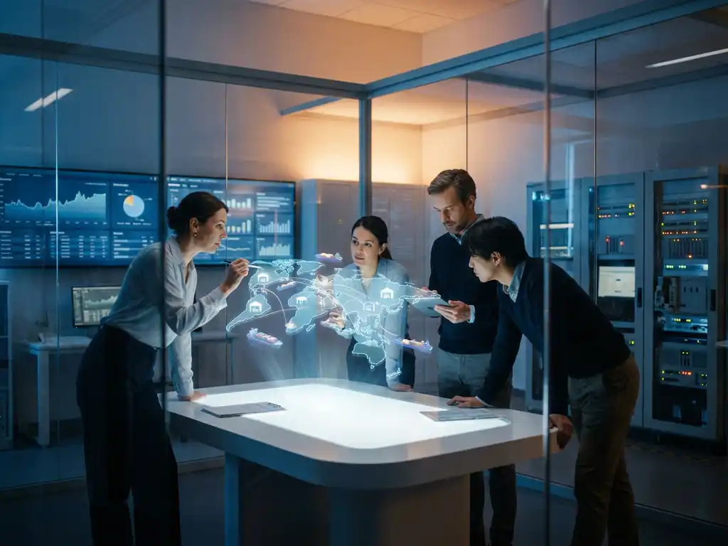 Supply chain professionals analyzing 3D holographic global shipping routes and warehouse networks in modern glass laboratory with data screens and testing equipment
