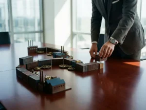Businessman's hands placing final wooden block on supply chain timeline with shipping containers