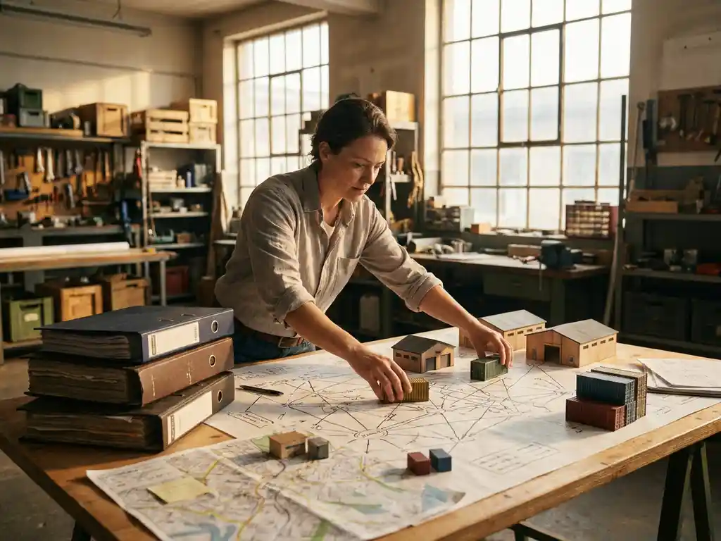 Supply chain manager reviewing a network diagram on an industrial planning table with warehouse models