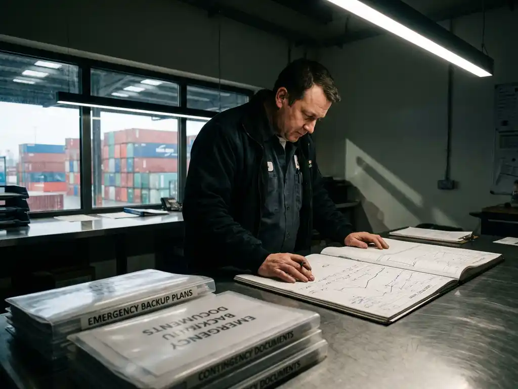 Supply chain manager reviewing logistics charts at metal desk in warehouse control room with shipping containers visible through windows.