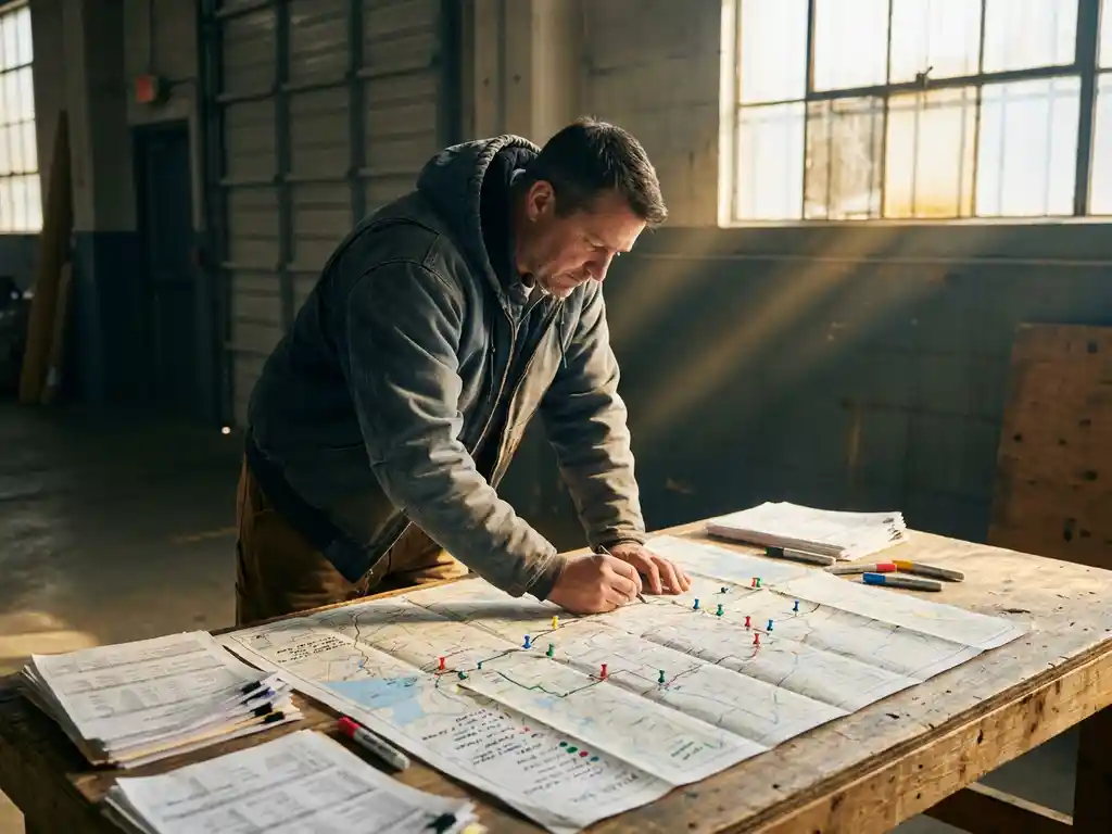 Supply chain manager reviewing a large route map at a warehouse planning table surrounded by logistics documents and colored route markers.
