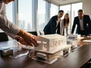 Consultant adjusting miniature supply chain models on conference table with warehouse layouts and shipping containers while colleagues observe in professional boardroom