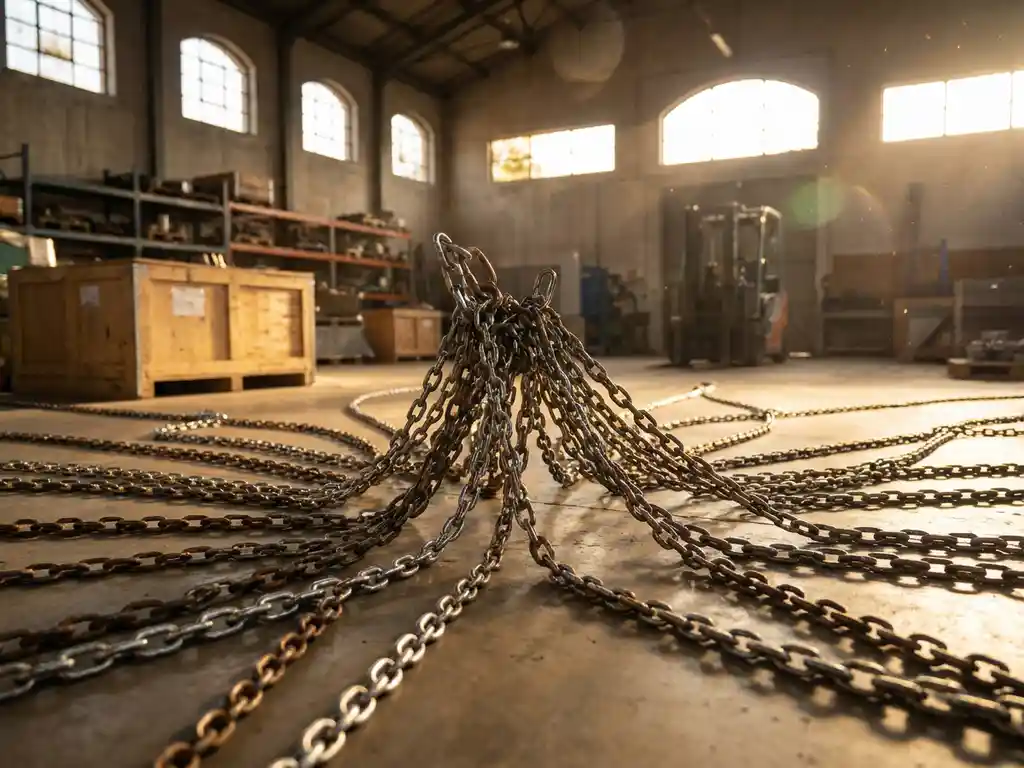 Interconnected metal chains spreading across polished concrete floor in warehouse