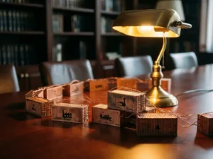 Miniature cargo containers connected by copper wires on mahogany conference table representing supply chain network nodes under warm lamp light