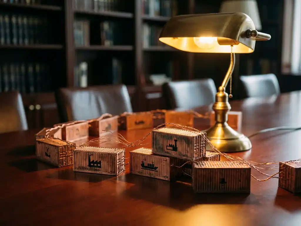 Miniature cargo containers connected by copper wires on mahogany conference table representing supply chain network nodes under warm lamp light