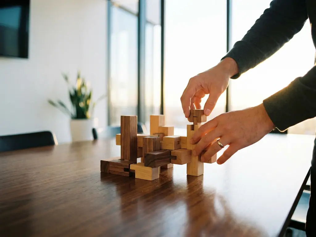 Designer's hands arranging wooden blocks into supply chain network on conference table