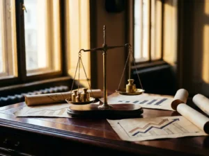Precision scale with golden brass weights balanced on mahogany desk surrounded by supply chain charts with upward trends