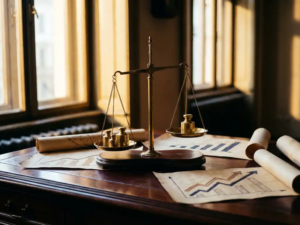 Precision scale with golden brass weights balanced on mahogany desk surrounded by supply chain charts with upward trends