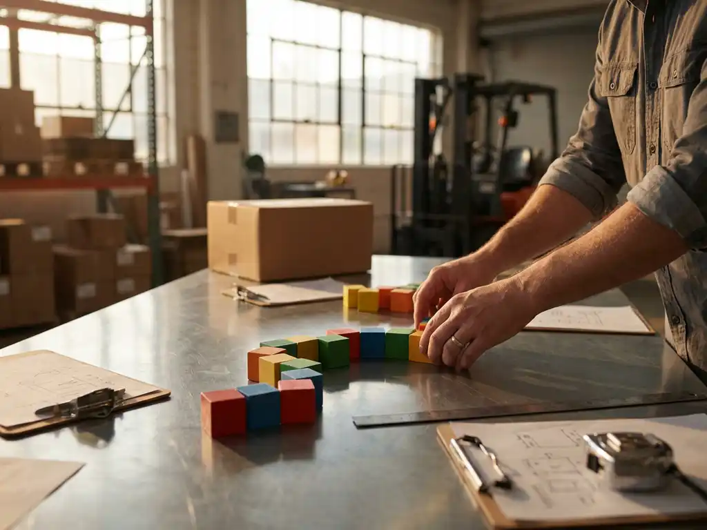 Warehouse manager's hands arranging colorful wooden blocks representing supply chain stages on steel table with logistics tools
