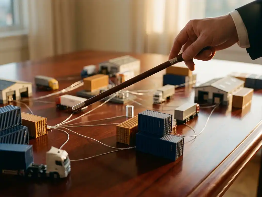 Conductor's baton directing miniature cargo containers