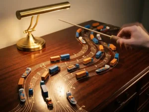 Conductor's baton directing miniature cargo containers